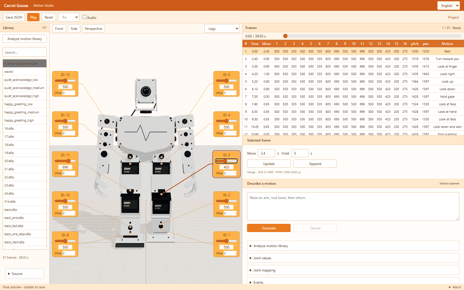 Carrot Goose workbench with a robot model, linked servo controls, frame timeline and motion request editor.
