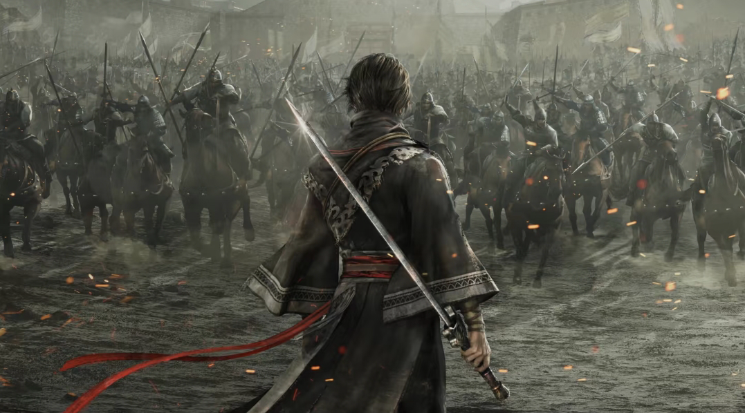 Dynasty Warriors game artwork showing a warrior facing an army