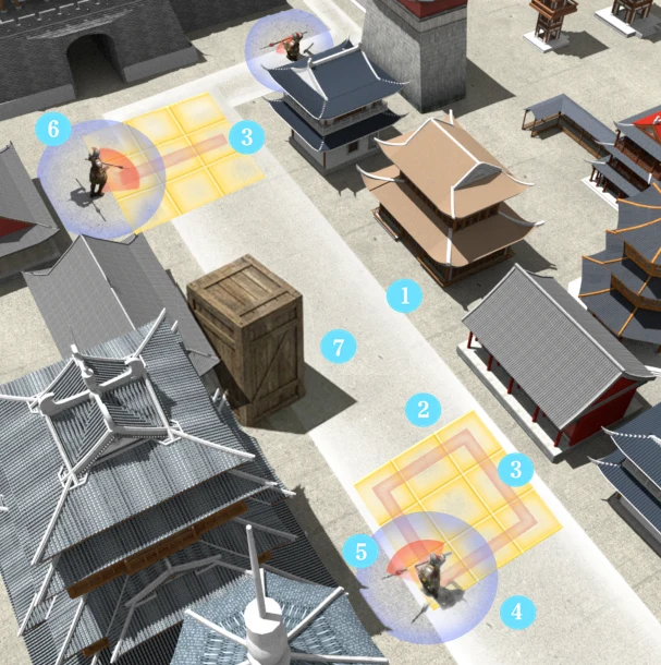Annotated patrol layout with movement tiles, sight cones and cover